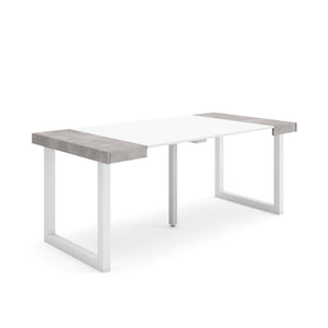 Consolle allungabile, 58 fino 180x90x73cm, Per 8 persone, Gambe in legno, Bianco e grigio cemento RF2779