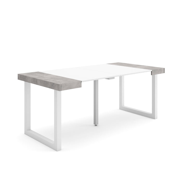 Consolle allungabile, 58 fino 180x90x73cm, Per 8 persone, Gambe in legno, Bianco e grigio cemento RF2779
