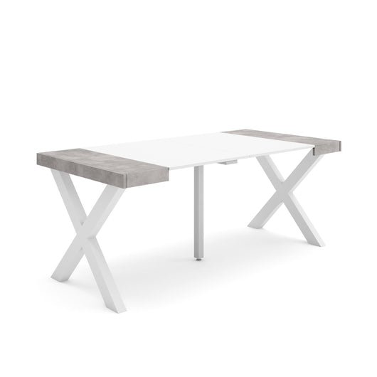Consolle allungabile, 58 fino 180x90x73cm, Per 8 persone, Gambe in legno, Bianco e grigio cemento RF2769