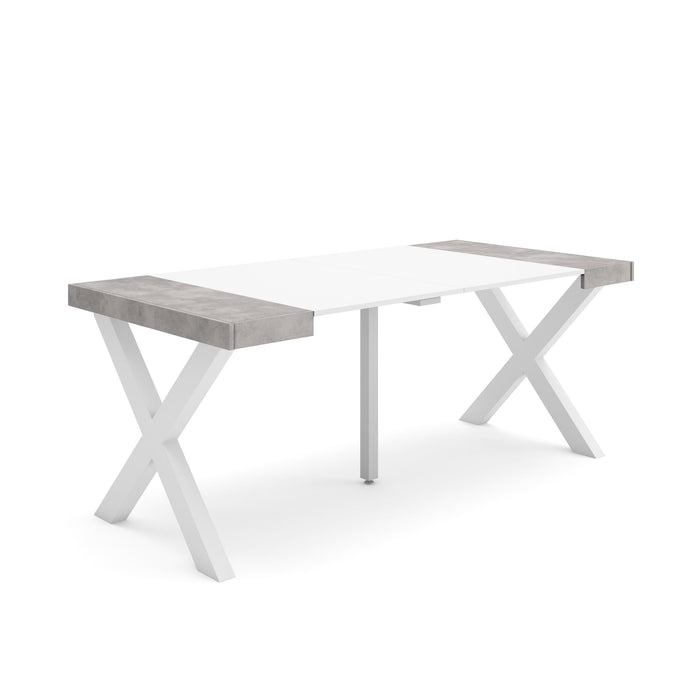 Consolle allungabile, 58 fino 180x90x73cm, Per 8 persone, Gambe in legno, Bianco e grigio cemento RF2769