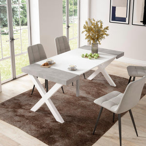 Consolle allungabile, 58 fino 180x90x73cm, Per 8 persone, Gambe in legno, Bianco e grigio cemento RF2769