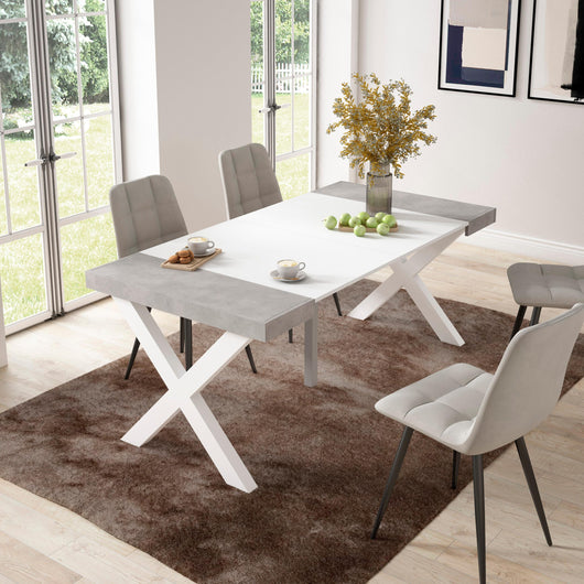 Consolle allungabile, 58 fino 180x90x73cm, Per 8 persone, Gambe in legno, Bianco e grigio cemento RF2769