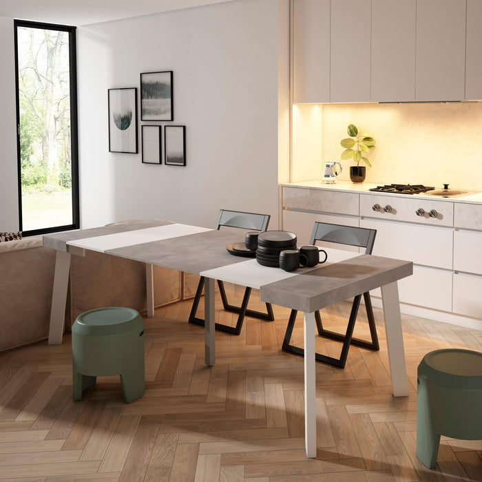 Consolle allungabile, 222x90x73cm, Per 10 persone, Gambe in legno, Bianco e grigio cemento RF3016