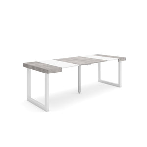 Consolle allungabile, 222x90x73cm, Per 10 persone, Gambe in legno, Bianco e grigio cemento RF2974
