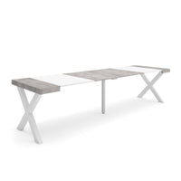 Consolle allungabile, 58 fino 302x90x73cm, Per 14 persone, Gambe in legno, Bianco e grigio cemento RF2828
