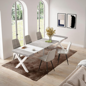 Consolle allungabile, 58 fino 302x90x73cm, Per 14 persone, Gambe in legno, Bianco e grigio cemento RF2828