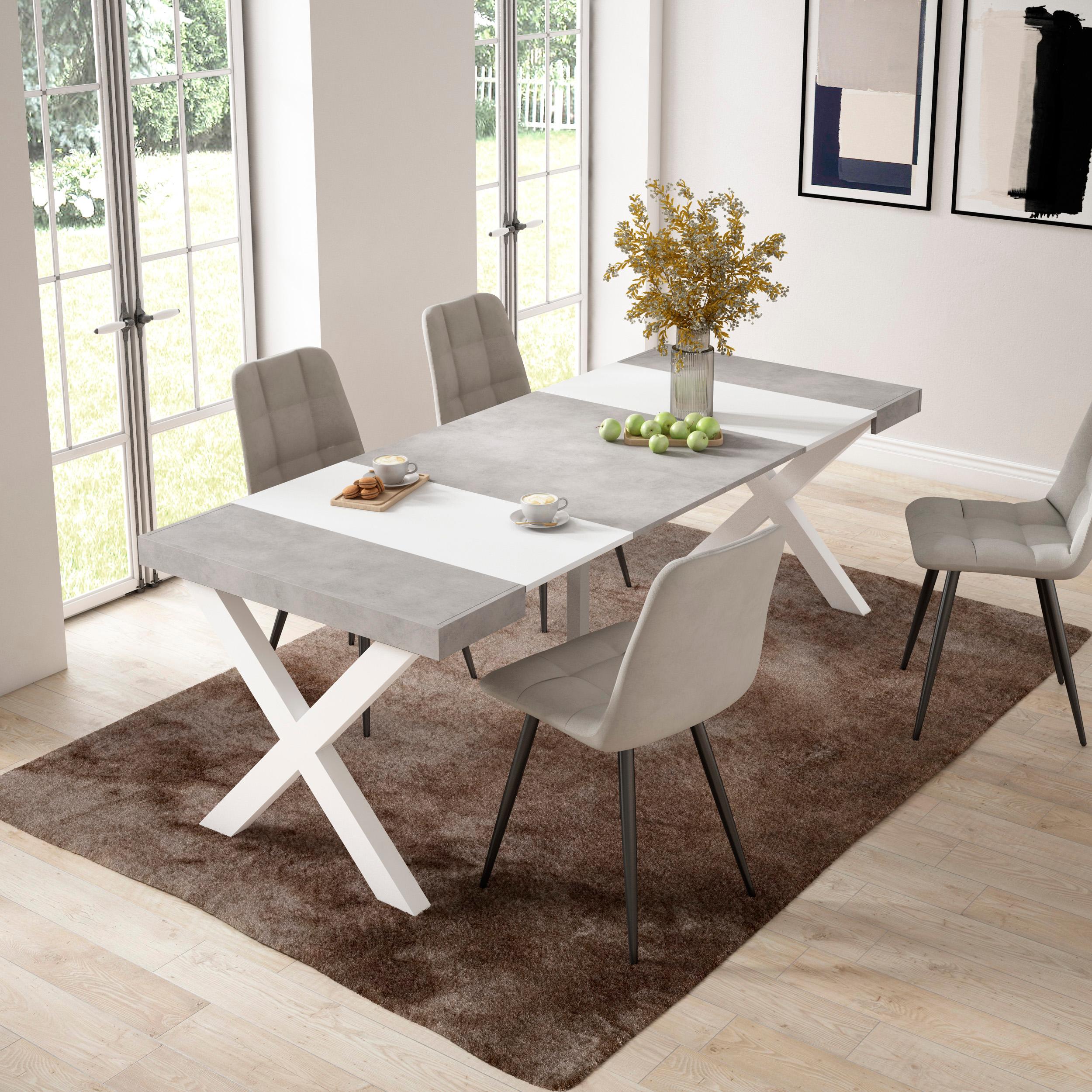 Consolle allungabile, 58 fino 222x90x73cm, Per 10 persone, Gambe in legno, Bianco e grigio cemento RF2795