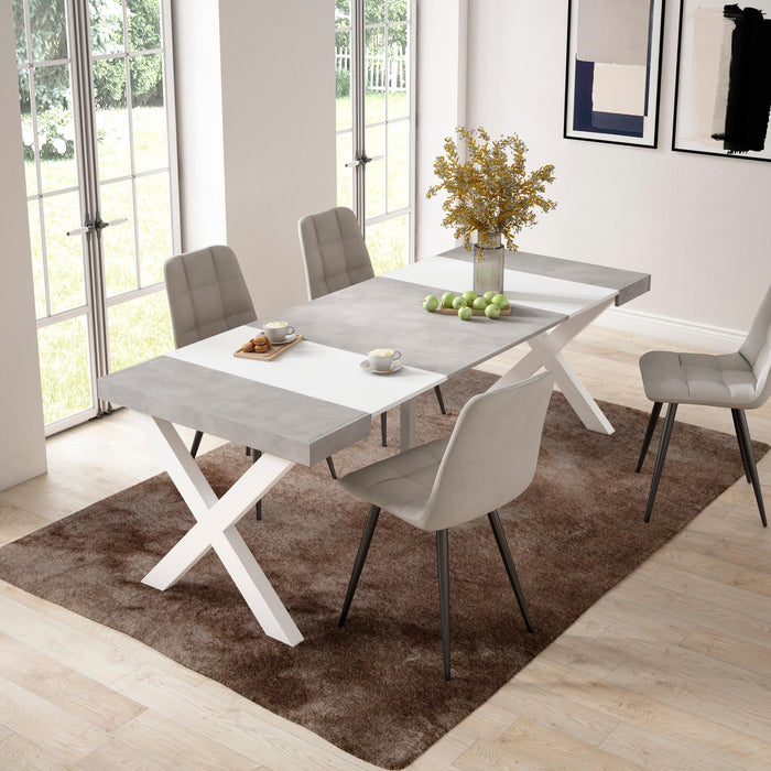Consolle allungabile, 58 fino 222x90x73cm, Per 10 persone, Gambe in legno, Bianco e grigio cemento RF2795