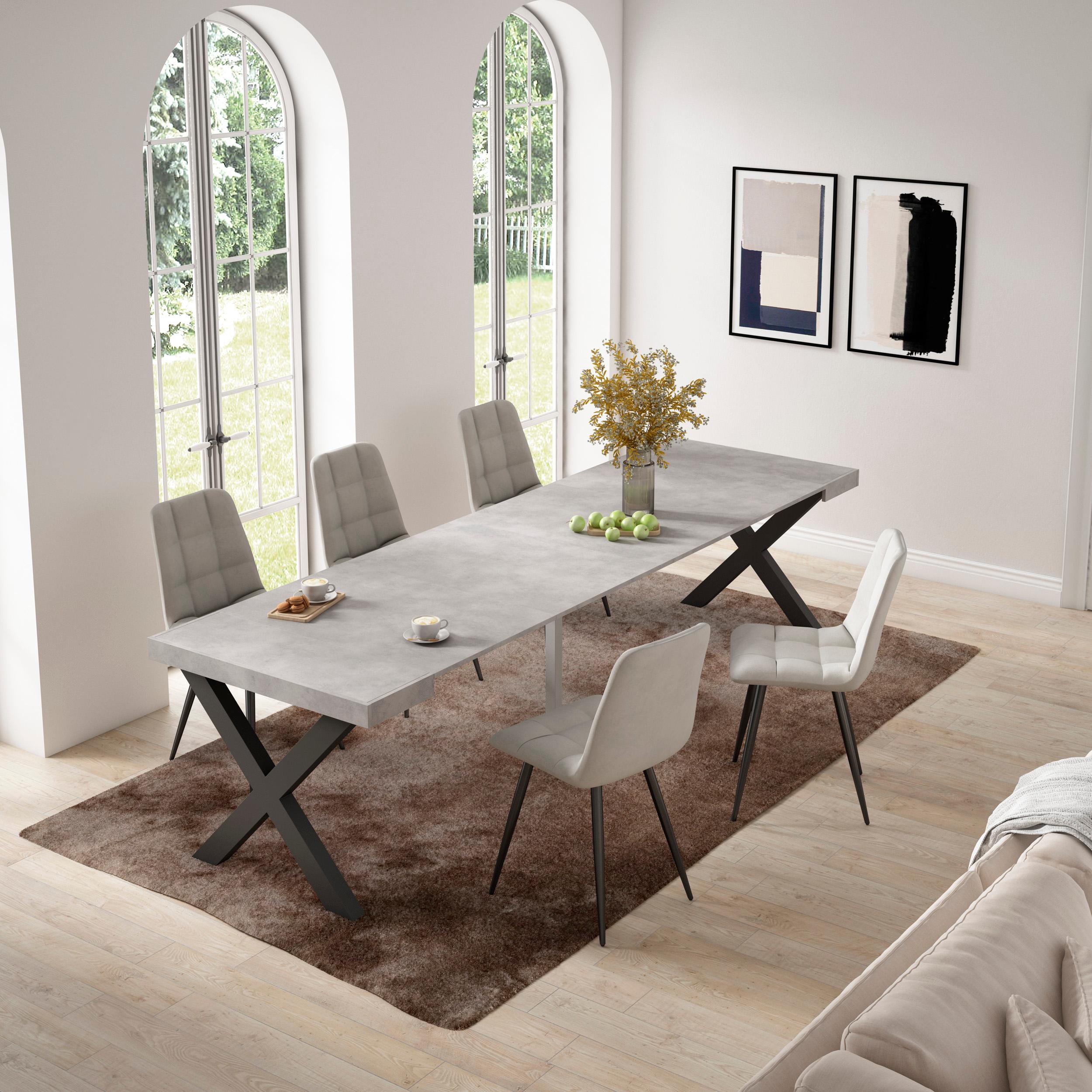 Consolle allungabile, 58 fino 302x90x73cm, Per 14 persone, Gambe in legno, grigio cemento RF2822