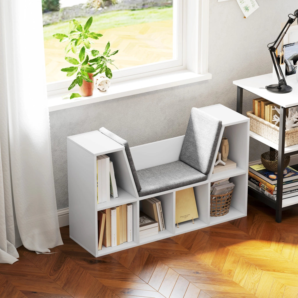 Libreria con seduta imbottita a 6 scomparti, 105 x 30 x 63 cm, bianco