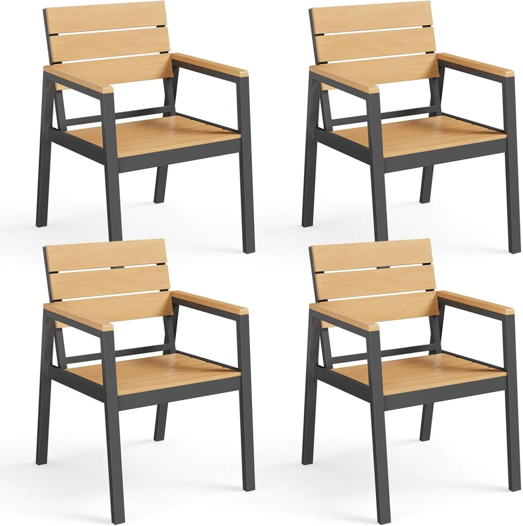 Sedie da Giardino Set di 4, Sedie da Esterno Alluminio Resistenti e Impermeabili con Finitura a Vena di Legno, Seduta di Dimensione Maggiorata che Supporta 160 kg, Facili da Pulire, Naturale