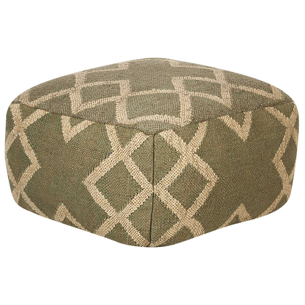 Pouf con motivo geometrico in iuta e lana tessuto a mano di colore verde e beige 50 x 50 cm soggiorno