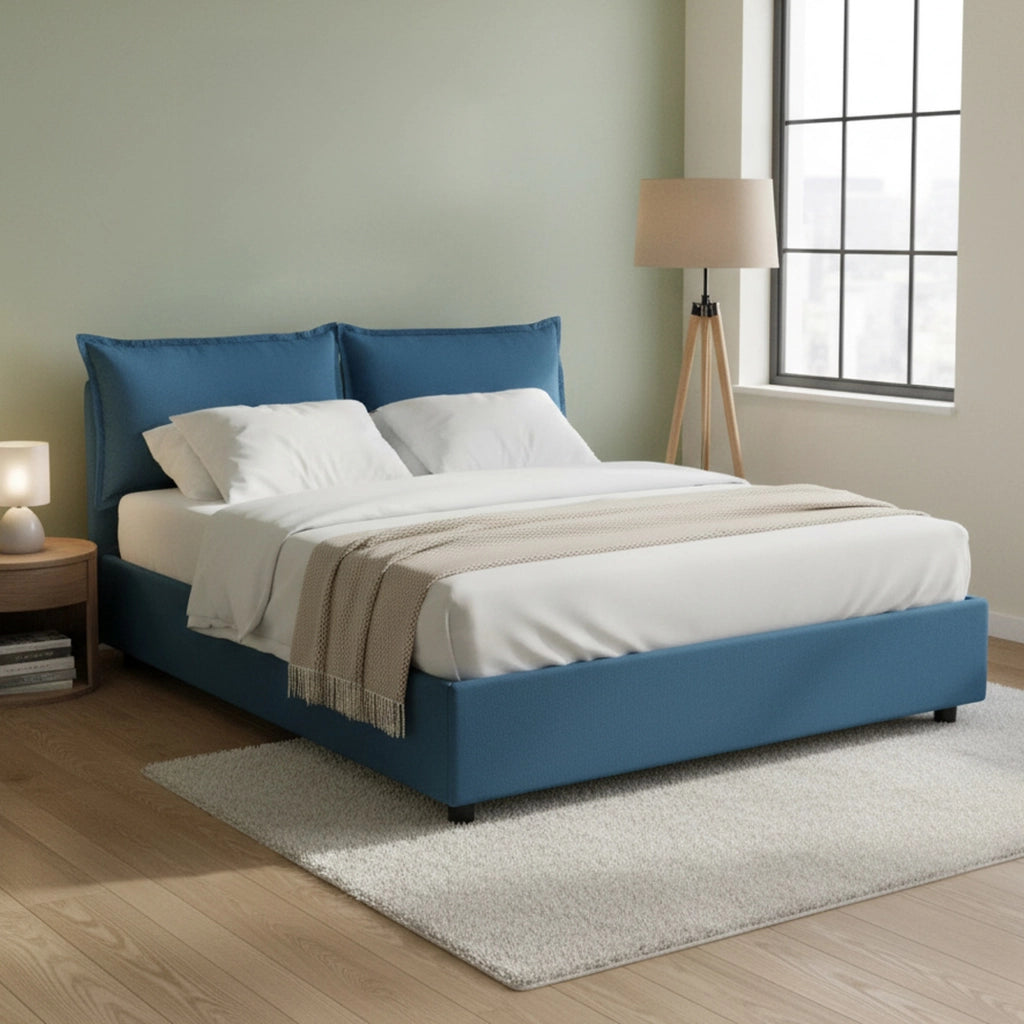 Letto matrimoniale Askari, Letto contenitore con rivestimento in tessuto, Made in Italy, Apertura frontale, adatto per materasso cm 140x190, Blu