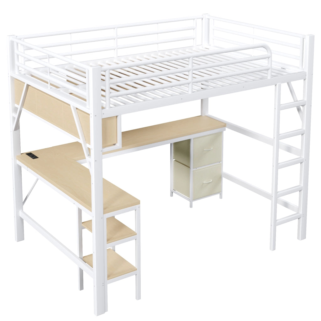 LETTO a soppalco 140x200 cm in metallo e MDF bianco con scrivania, libreria, LED e USB
