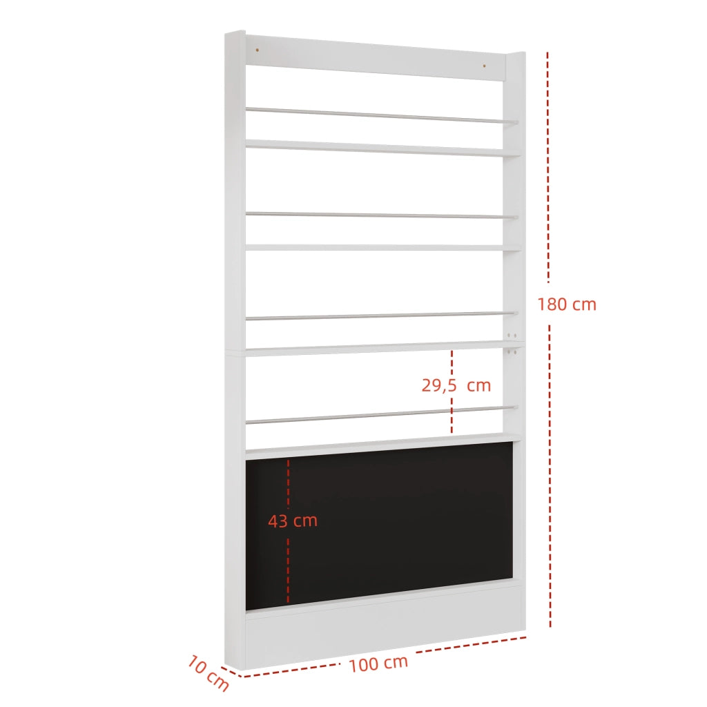 Libreria slim 100x10x180 cm con lavagna nera, 4 ripiani aperti, salvaspazio con fissaggio a parete, bianco