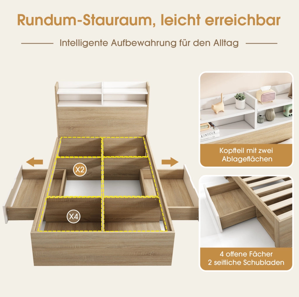 Letto singolo con contenitore 90x190 cm bianco e rovere; testiera con ripiani e 2 cassetti