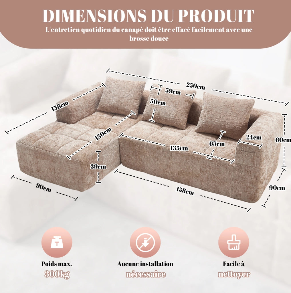Divano con chaise longue 250x158x60 cm; senza installazione; con cuscini sfoderabili in chenille kaki