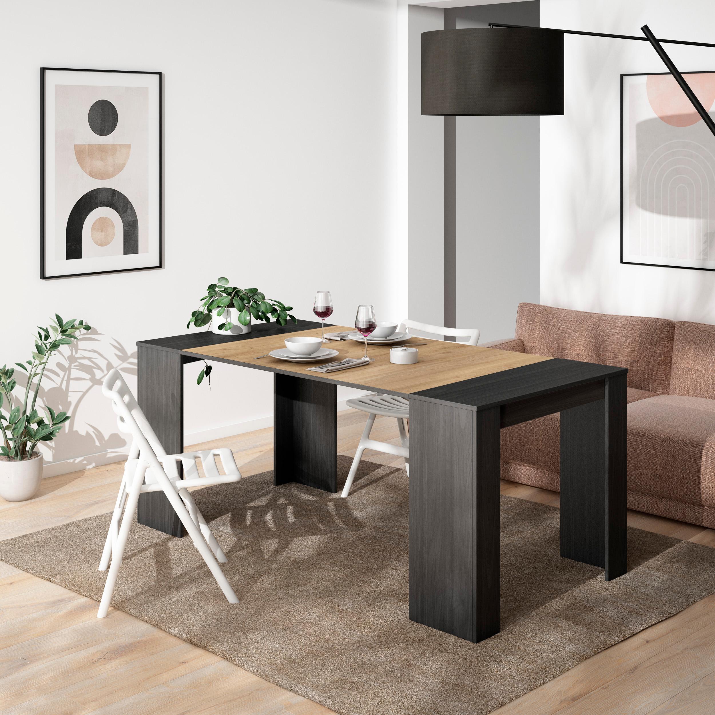 Consolle allungabile, 180x90x77cm, Per 8 persone, Tavolo da pranzo, Nero e colore Rovere RF2623