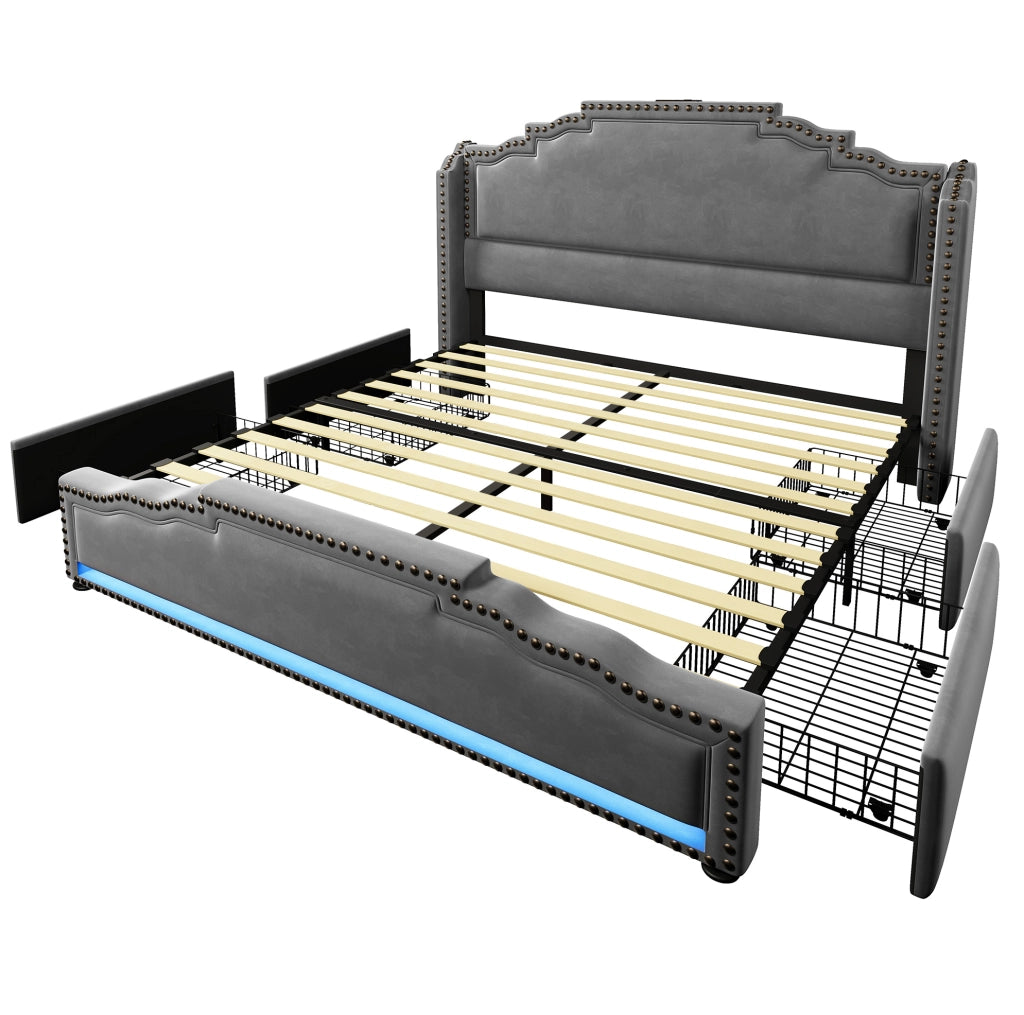 Letto matrimoniale 160x200 cm in velluto grigio con LED; USB e Type-C; 4 cassetti e materasso