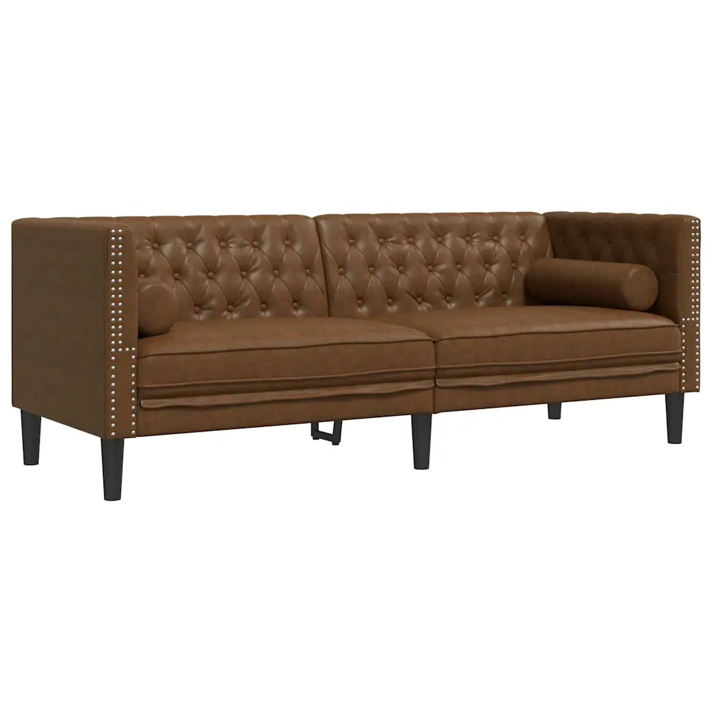 Divani Chesterfield 3pz Cuscini Marrone Similpelle Scamosciata