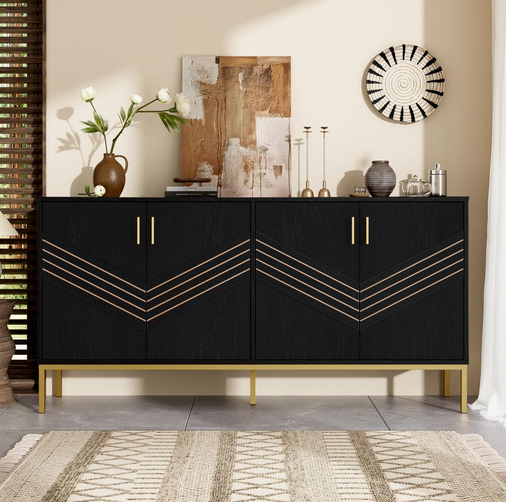 Sideboard moderno nero e oro in MDF con 4 porte e ripiani regolabili, 160x40x80,5 cm