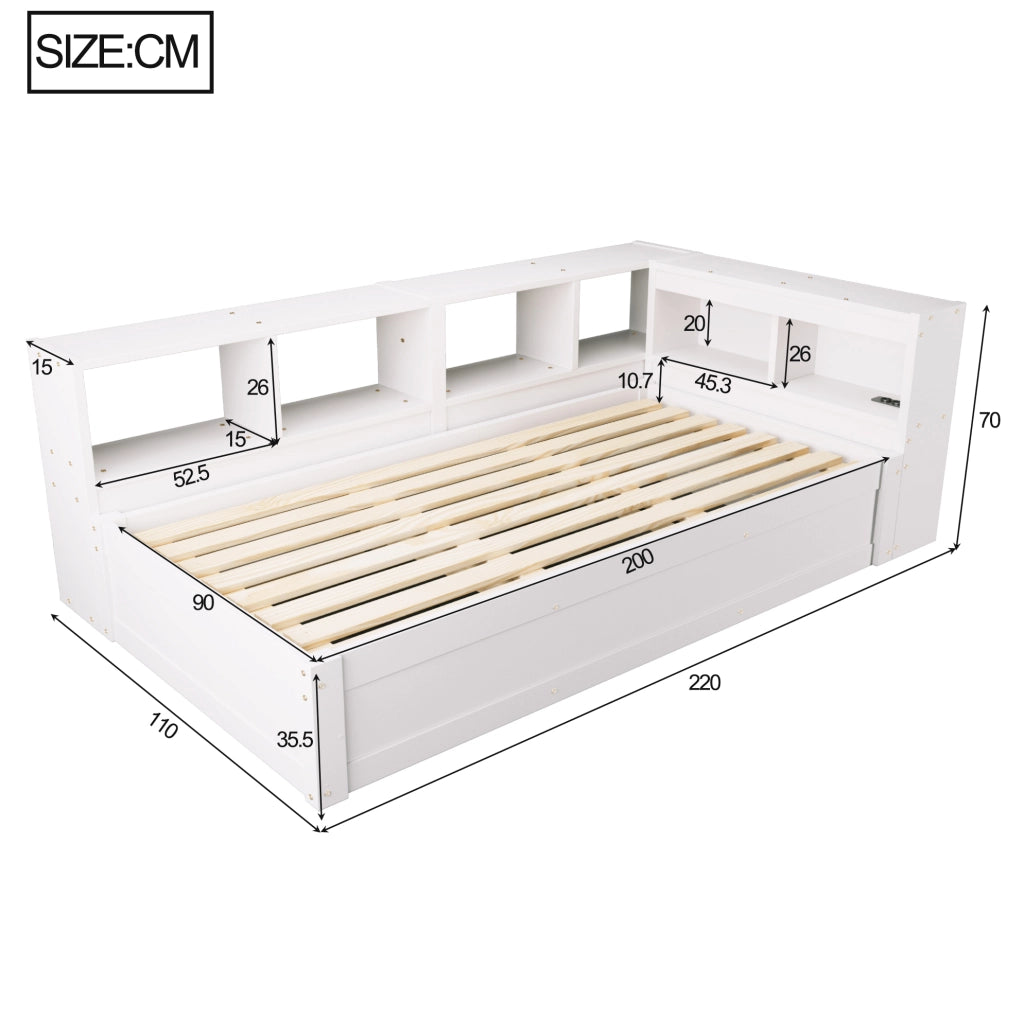 Letto multifunzione 90x200 cm in MDF bianco con presa integrata; luci LED e contenitore
