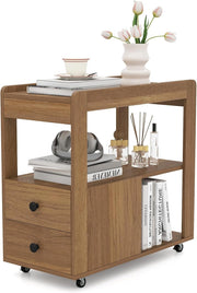 Tavolino da divano, contenitore con 2 cassetti e scaffali aperti, supporto per stampante con ruote, comodino, sottile, per ufficio, 65 x 30 x 62 cm (marrone)