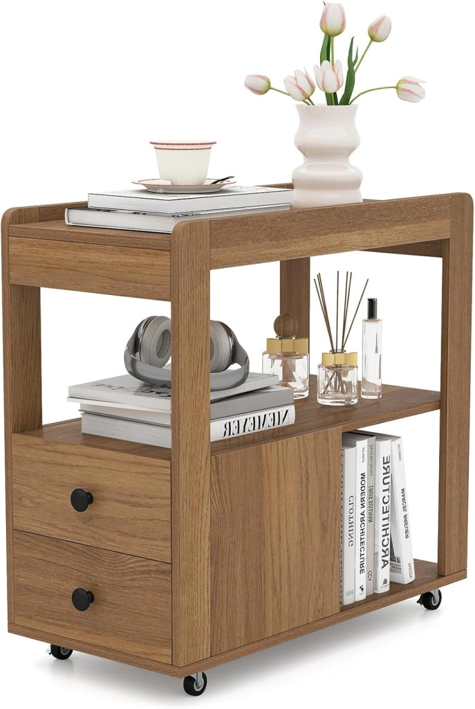Tavolino da divano, contenitore con 2 cassetti e scaffali aperti, supporto per stampante con ruote, comodino, sottile, per ufficio, 65 x 30 x 62 cm (marrone)