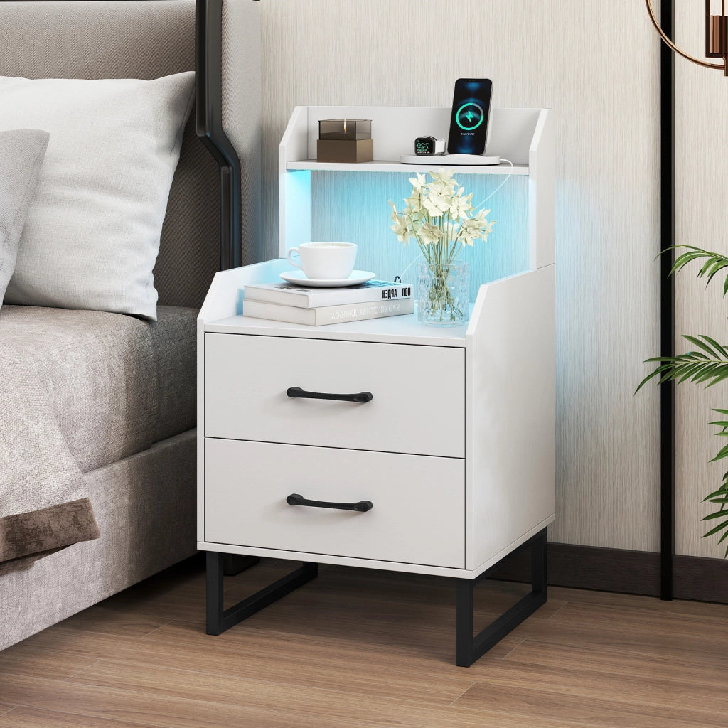Comodino moderno con stazione di ricarica integrata luci led 2 cassetti e mensola aperta-Tavolino da notte per camera da letto corridoio soggiorno
