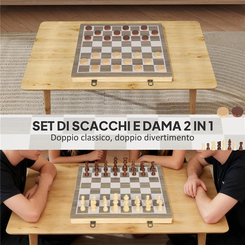 SCACCHIERA PIEGHEVOLE PER SCACCHI E DAMA CON SCOMPARTI, IN LEGNO E METALLO, 38.5X38.5X2.8 CM, BIANCO E NERO