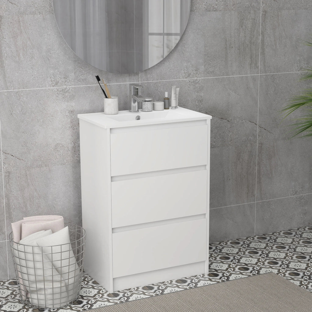 Mobile da Bagno con 2 Cassetti e Lavabo in Ceramica ¨C Zephmum ¨C 61x37x88 cm Bianco Lucido