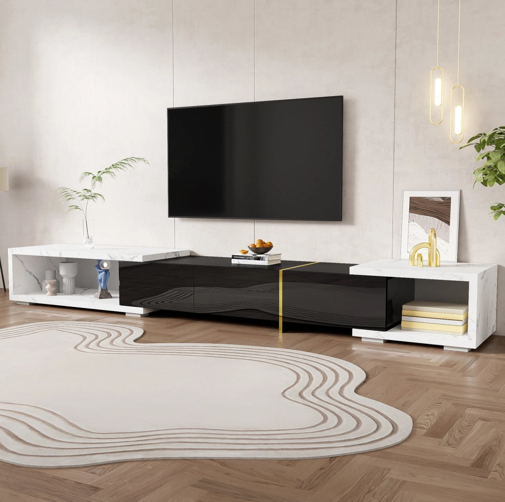 Mobile per televisore estensibile con finitura effetto marmo bianco