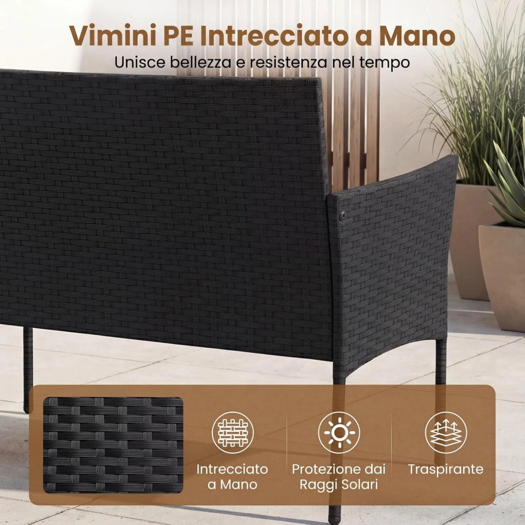 Set Salotto da Giardino 4 Pezzi, Divanetto da Esterno in Rattan PE con 2 Poltrone e Tavolino con Piano in Vetro Temperato, Cuscini Imbottiti, Telaio Metallo per Terrazzo e Balcone (Nero)