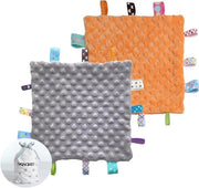 Dekeni Sensoriali per Bambini con Etichetta - Ideale Regalo per Festa di Benvenuto - 245 x 245 cm - Grigio e Arancione - Tag-deken morbido unisex.