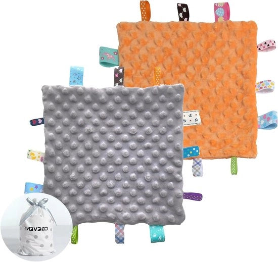 Dekeni Sensoriali per Bambini con Etichetta - Ideale Regalo per Festa di Benvenuto - 245 x 245 cm - Grigio e Arancione - Tag-deken morbido unisex.