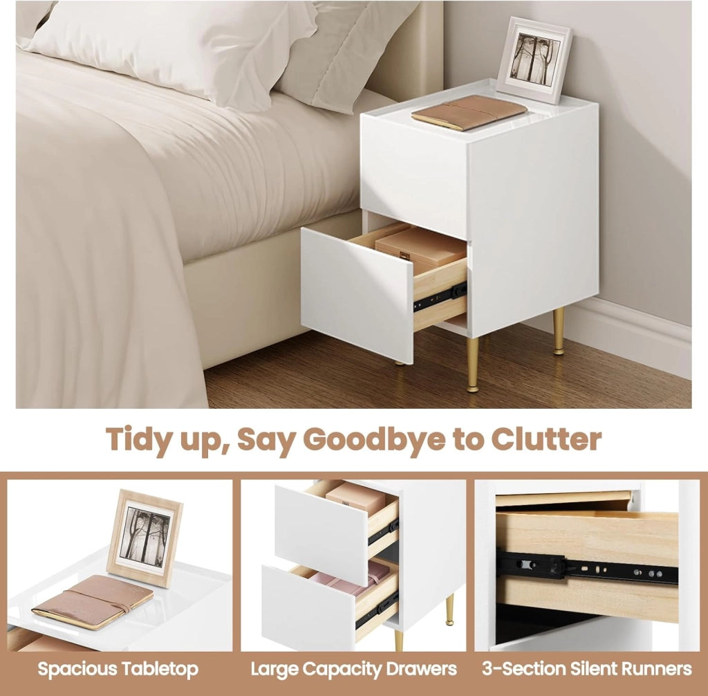 Comodino Camera da Letto, Tavolino da Notte con 2 Cassetti, Piano Lucido, Rivestimento in PVC, 40x30x51cm, Tavolino da Divano, MDF+PVC+Metallo, Bianco+Dorato, NTS10ws02