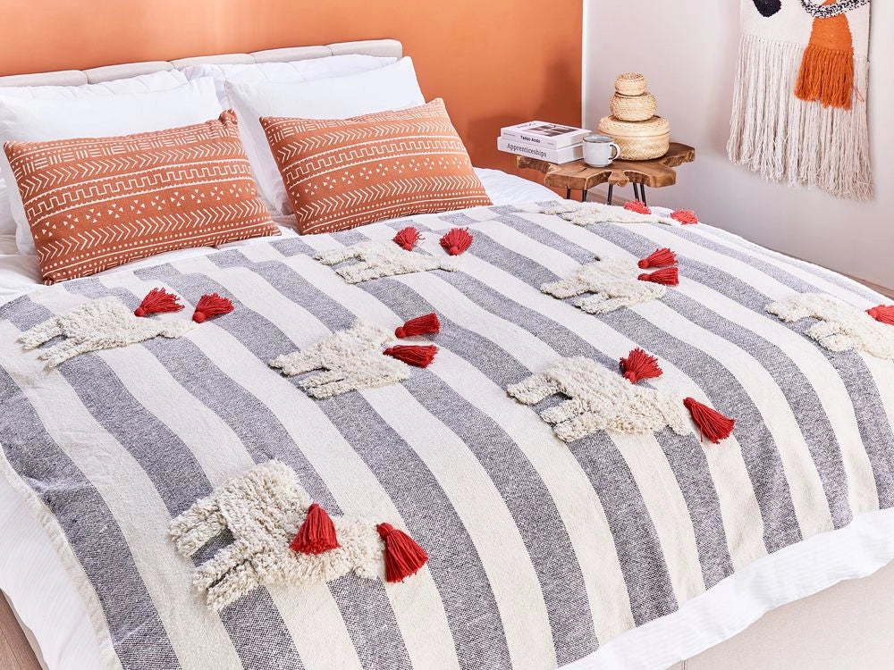 Plaid bianco e grigio in cotone copriletto a righe con cavalli 125 x 150 cm divano soggiorno camera da letto