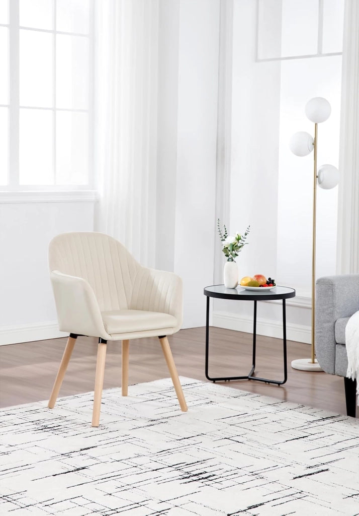 1Pz Sedia da Pranzo Poltroncina per Sala D'attesa Cucina Poltrona con Schienale Braccioli Tessuto in Velluto Gambe di Legno Crema BH95cm-1