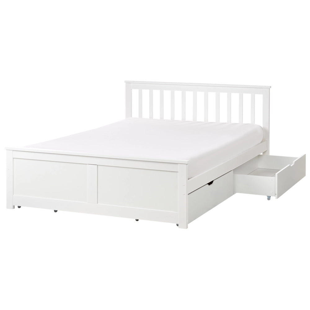 Letto matrimoniale Legno di Pino bianco con Rete a Doghe con 4 cassetti 140 x 200 cm Testiera a doghe minimalista