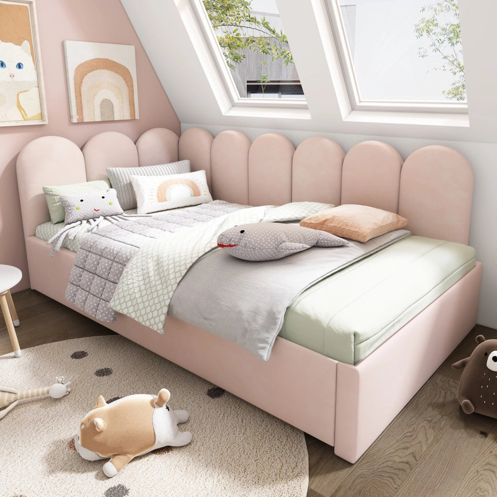 OKWISH Letto Estraibile 90×200 cm, Letto Singolo con Secondo Letto 90×190 cm, Sponde e Schienale Imbottito, senza Materasso, Velluto, Rosa