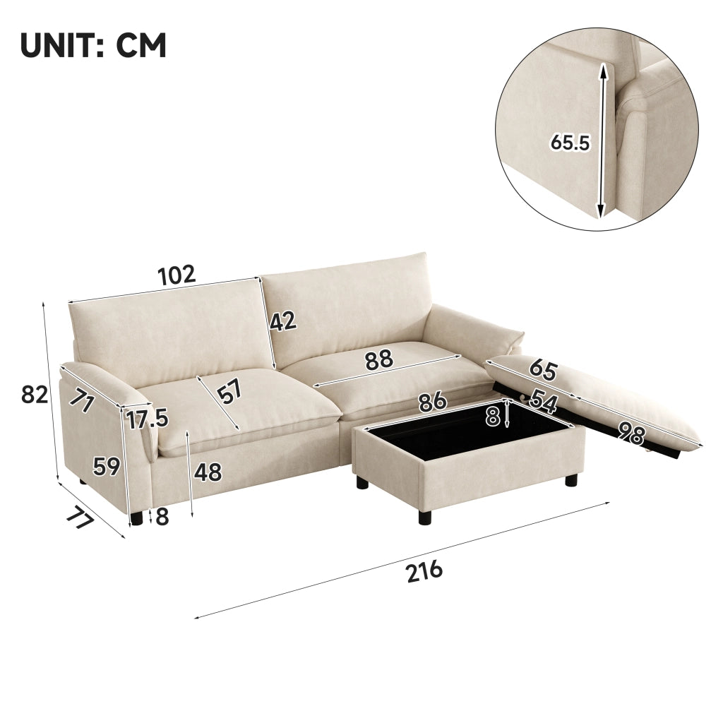 Divano modulare a sezione tipo cloud in Chenille beige con pouf mobile e contenitore