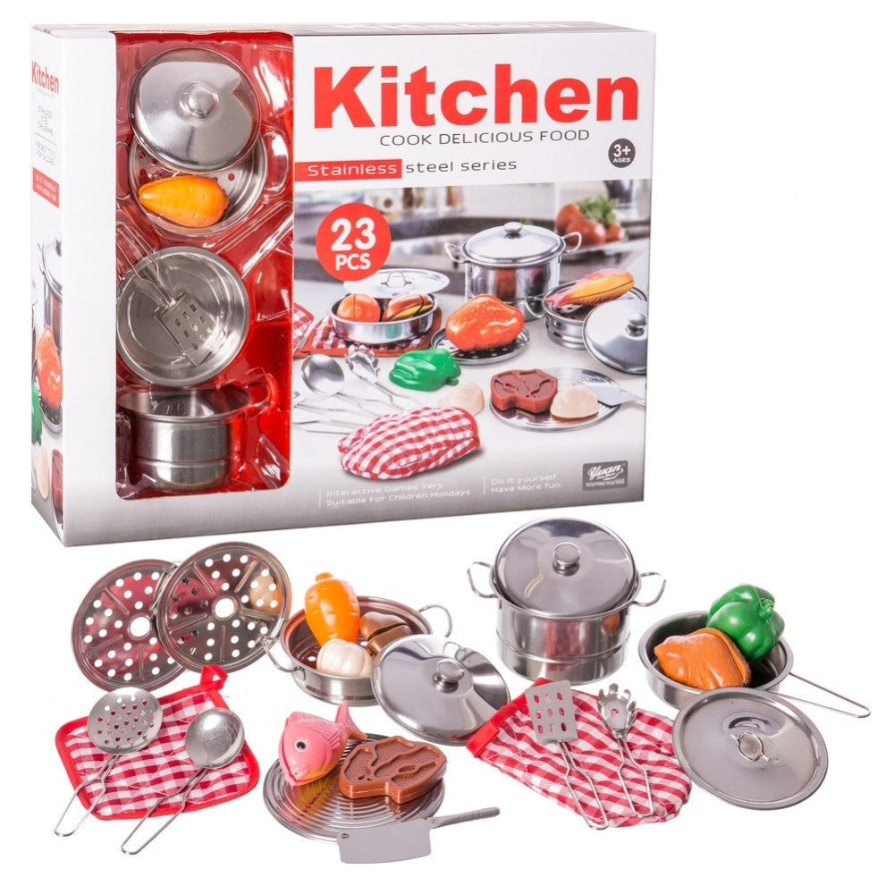 Trade Shop - Set Cucina Giocattoli Bambini In Metallo 23pz Con Pentole Mestoli E Accessori -