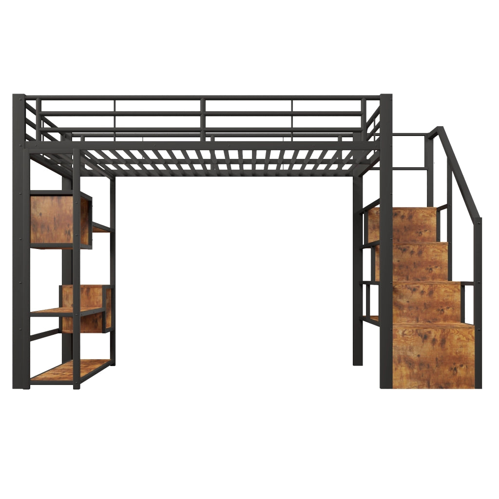 Letto a soppalco 140x200 in metallo e MDF; scala integrata; LED multicolore; nero