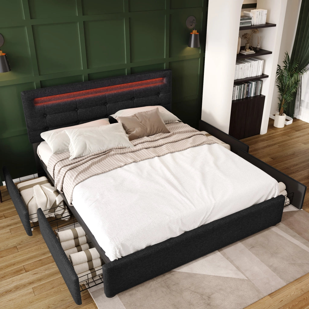 OKWISH Letto con Cassetti 140×200 cm, Letto Matrimoniale con LED Regolabile, 4 Cassetti e Testiera Regolabile, senza Materasso, Nero
