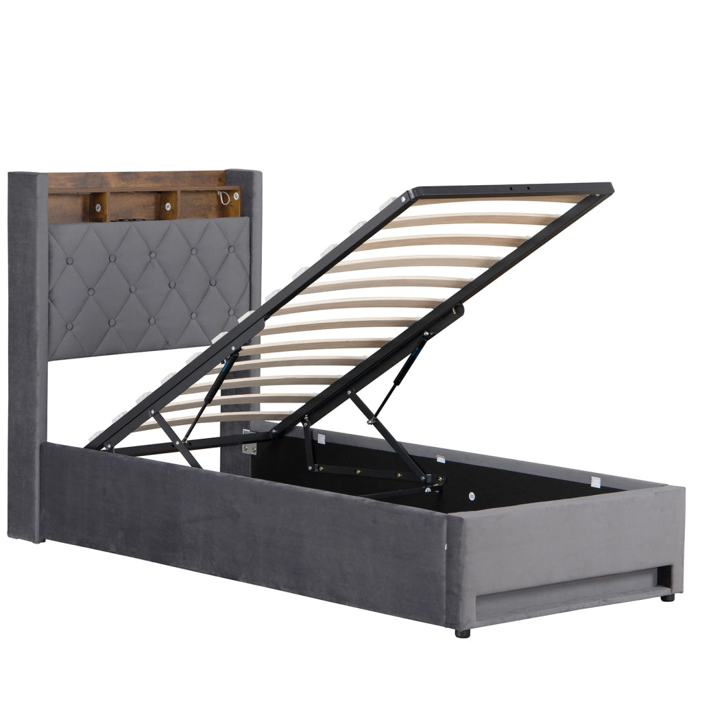 Letto Imbottito 90x200 cm Grigio in Velluto con LED, Porta USB e Contenitore