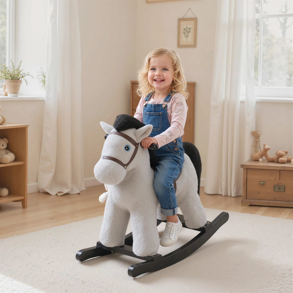 Cavallo a Dondolo per Bambini con Suoni e Peluche ¨C Zephmum ¨C Grigio Legno Acciaio