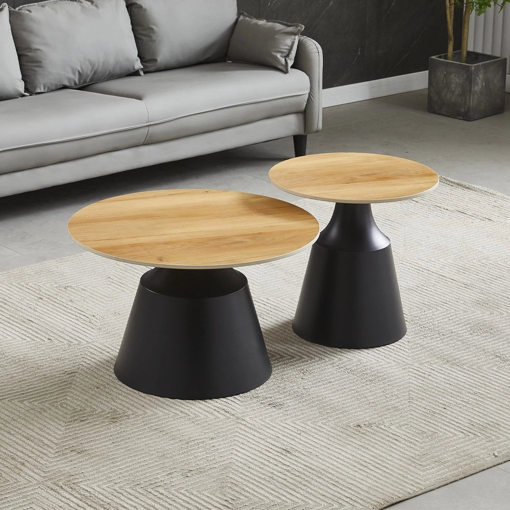 Set Tavolini Dual Rotondi in Ceramica e MDF rovere con Struttura in Metallo Nero – Coppia Tavoli Salotto Moderni