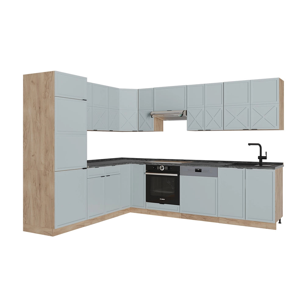 Cucina angolare completa Fame-Line Blu-grigio chiaro/Rovere dorato 227 x 60 cm, PL Antracite Vicco
