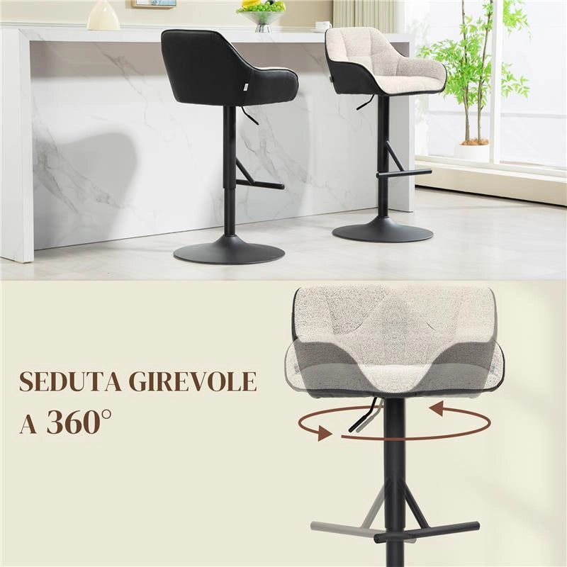 SET 2 SGABELLI IMBOTTITI AD ALTEZZA REGOLABILE CON SCHIENALE E BRACCIOLI 52.5X53X86.5-108 CM NERO GRIGIO CHIARO