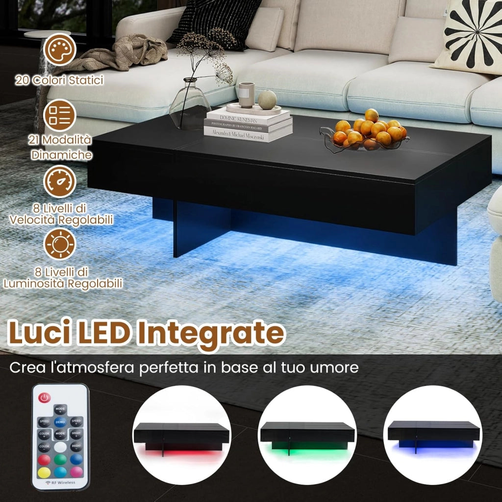 Tavolino da Salotto Moderno, Tavolino da Caffè con Luci LED Regolabili, 3 Cassetti e Telecomando, Tavolo Basso Rettangolare per Soggiorno, Studio e Ufficio, 120 x 70 x 35 cm (Nero)